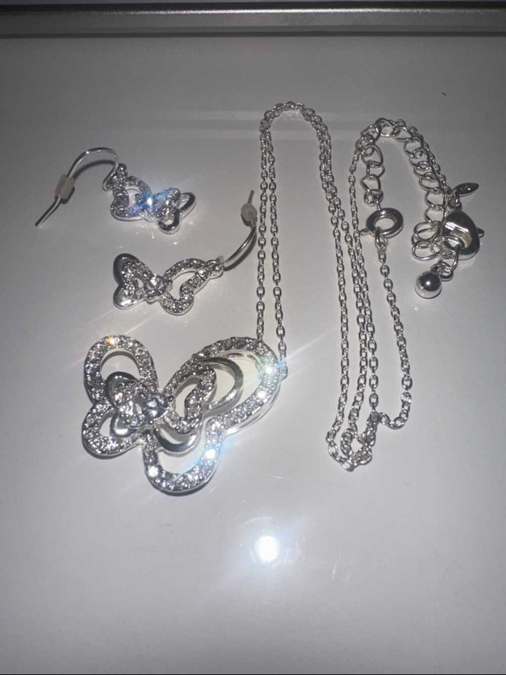 Silver Triple Butterfly Crystal Necklace and Earrings Set, NRT, Like New.